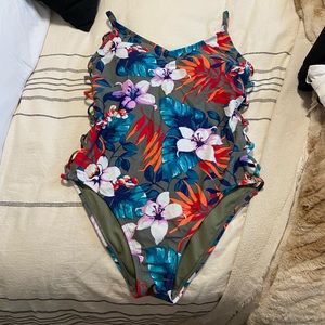 Olive green one piece floral swimsuit